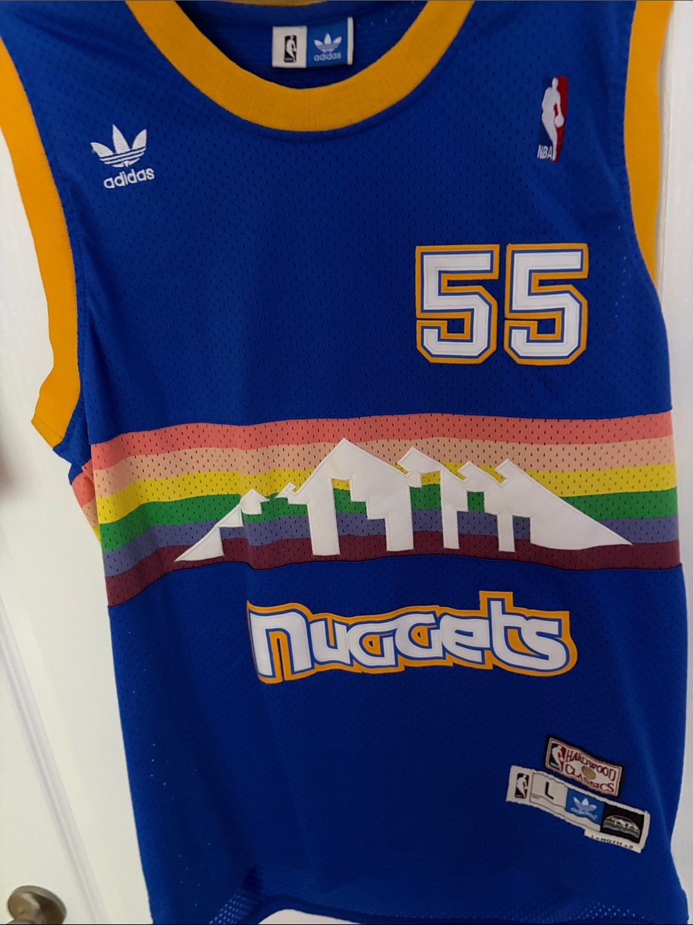 adidas Royal Blue Denver Nuggets #55 Jersey with Yellow Trim and Rainbow Stripe